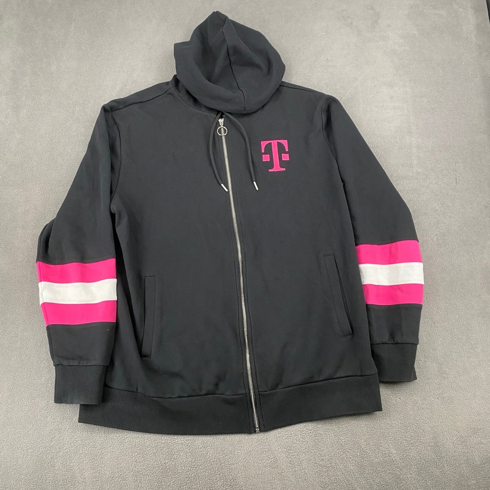 T-Mobile Mens Full Zip Hoodie Black Magenta Stripe Logo Sweatshirt XL RN28876